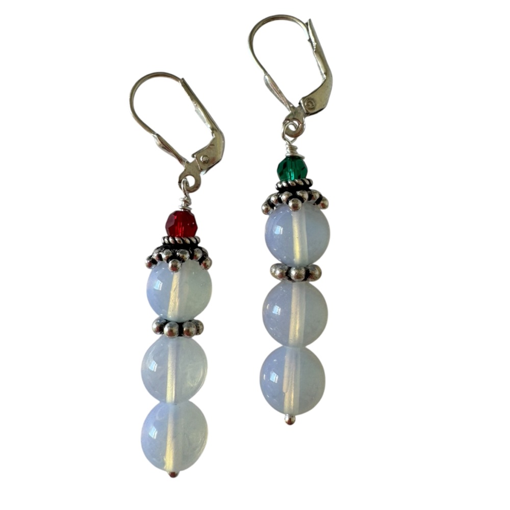 925 Sterling Silver Moonstone Snowman Beaded Drop Earrings NEW